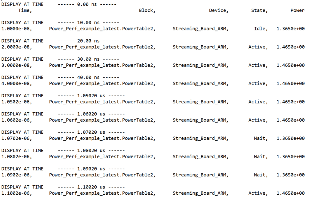 Log file showing instantaneous State Changes in VisualSim Architect